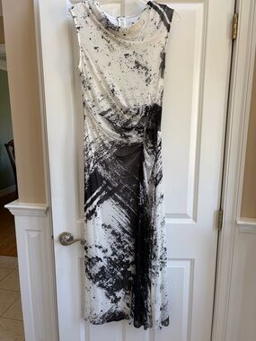 DKNY Black and White Abstract Cowl-Neck Maxi Dress